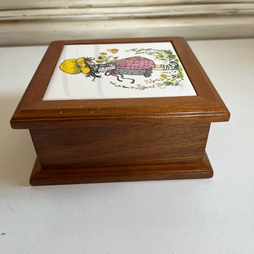 Vintage Girl Jewelry Trinket Box w/ Tile Top Divided Felt Insert Mirror